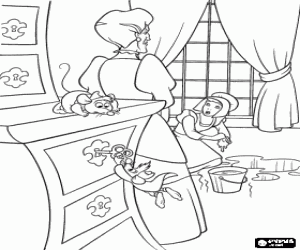 Coloriage Cendrillon, une belle jeune oblig� de faire de serviteuse de sa belle-m�re et les demi-soeurs