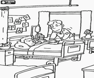 Coloriage Chambre d'h�pital avec le patient au lit et d'un infirmier � se c�t�