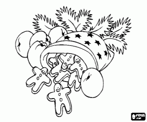 Coloriage Chapeau avec des �toiles plein de biscuits au gingembre en forme de poup�e, des pommes de pin et des feuilles