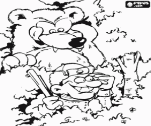 Coloriage Chasse - Chasseur menace l'ours mais il est d�j� derri�re lui