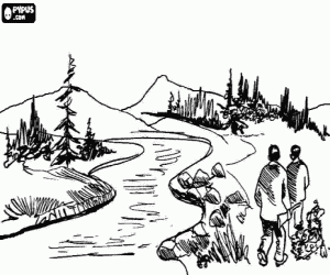 Coloriage Chasse - Deux chasseurs dans un paysage de l'Alaska