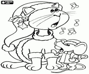 Coloriage Chat et souris avec des v�tements de No�l en chantant chants de No�l