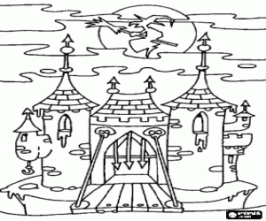 Coloriage Ch�teau enchant� dans la nuit de l'Halloween avec la sorci�re volant sur son balai magique