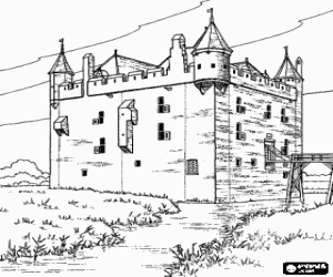 Coloriage Ch�teau ou tour fortifi�e entour�e par une rivi�re et l'acc�s par un pont-levis