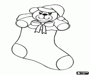 Coloriage Chauessette de No�l accroch�� avec ours en peluche