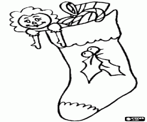 Coloriage Chaussette de No�l orn�e avec des feuilles de houx et plein de cadeaux