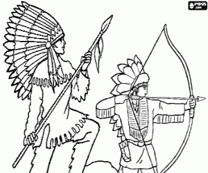 Coloriage Chef indien avec une lance ressemblant � un autre indien � disparer une fl�che avec l'arc