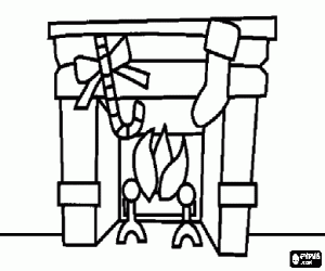 Coloriage Chemin�e avec le feu allum� et les d�corations de No�l