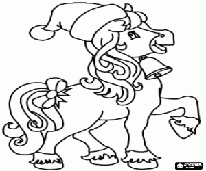 Coloriage Cheval avec bonnet de Pape Noel, cloche dans le col et lien dans la colle pour No�l