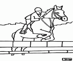 Coloriage Cheval et cavalier passant un obstacle � un concours de saut