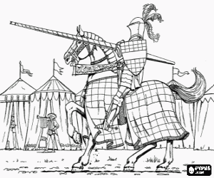 Coloriage Chevalier avec casque et armure et avec sa lance pr�t mont� sur son cheval dans un camp