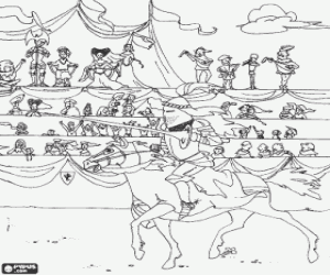 Coloriage Chevalier avec sa lance mont� dans son cheval en prenant part un tournoi avec le public en observant