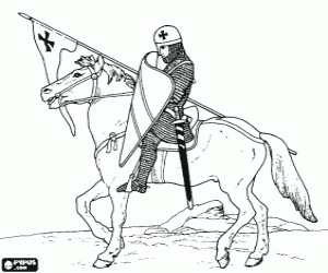 Coloriage Chevalier avec un casque, un treillis en acier, bouclier, �p�e et la lance au porteur