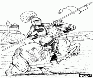 Coloriage Chevalier dans l'armure du tissu de l'acier et un casque avec la lance � la main sur un cheval � proximit� d'un ch�teau 