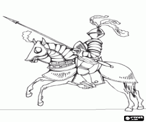 Coloriage Chevalier en armure et avec sa lance pr�t mont� sur son cheval, �galement prot�g� par l'armure