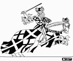 Coloriage Chevalier m�di�val avec casque � cheval participant � un combat � l'�p�e dans la main