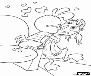 Coloriage Chicken Little embrasser passionn�ment son amie Abby Mallard au cin�ma