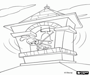 Coloriage Chicken Little en faisant sonner la cloche de l'�cole pour avertir les personnes des dangers