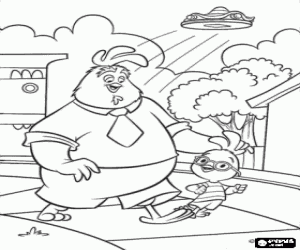 Coloriage Chicken Little et son p�re qui marchait tranquillement dans le village avec un vaisseau spatial volant derri�re eux