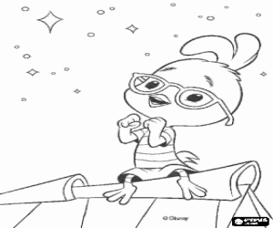 Coloriage Chicken Little �tait assis sur le toit d'une maison � regarder les �toiles du ciel