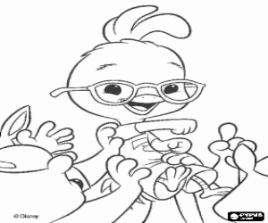 Coloriage Chicken Little, le vainqueur, encourag� par ses amis