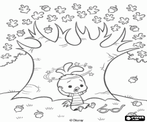 Coloriage Chicken Little sous l'arbre apr�s la chute des glands sour sa t�te
