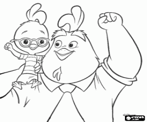 Coloriage Chicken Little sur les �paules de son p�re avec son poing lev�