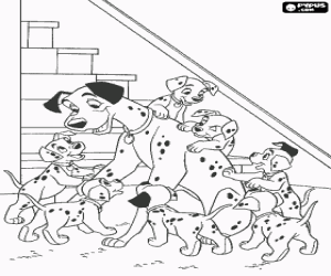 Coloriage Chien dalmatien jouant avec des chiots