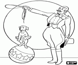 Coloriage Chien en �quilibre sur une balle sous l'�il vigilant de son entra�neur
