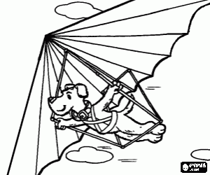 Coloriage Chien volant dans un deltaplane ou aile delta, le pilote est suspendu par les harnais du appareil sans moteur