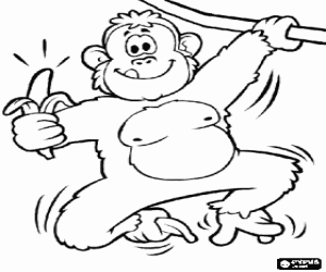 Coloriage Chimpanz� accroch�e d'un liana avec une banane