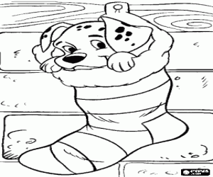 Coloriage Chiot dalmatien dans un chaussette de No�l suspendus � la chemin�e