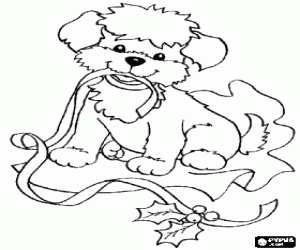 Coloriage Chiot jouant avec un ruban de un cadeau