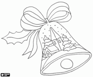Coloriage Cloche de No�l orn� avec un ruban et un paysage d'un village enneig�