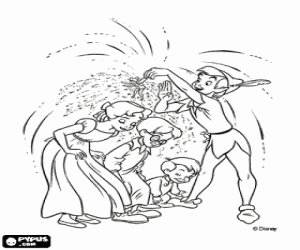 Coloriage Clochette et Peter Pan jettent la poussi�re magique � Wendy, � Michael et John pour qu'ils puissent voler