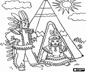 Coloriage Couple d'indiens am�ricains en face de sa tente dans le village