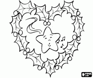 Coloriage Couronne de No�l en forme de c�ur, compos� de feuilles de houx et d'une �toile dans le centre