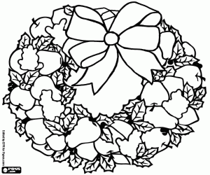 Coloriage Couronne de No�l form�e par des feuilles de houx et des fruits vari�s avec un grand n�ud