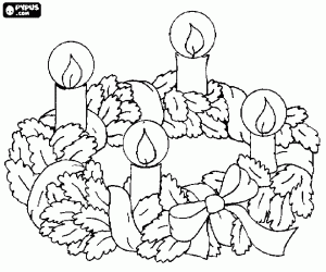 Coloriage Couronne de No�l plac�e sur la table orn�e d'un ruban, noeud et quatre bougies
