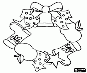 Coloriage Couronne de No�l r�alis�s avec des sapins d�cor�s, des bottes, des �toiles, des pommes et de cloche avec ruban