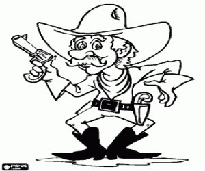 Coloriage Cowboy arm� avec un ervolver � la main et pr�te � l'action