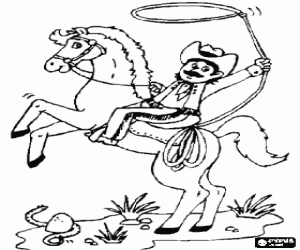 Coloriage Cowboy avec lasso sur un cheval sur les pattes post�rieures en voyant un serpent