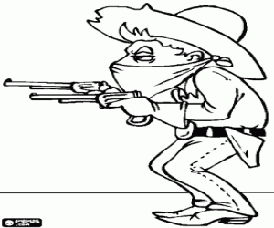 Coloriage Cowboy bandit ou voleur couvert son visage avec un mouchoir et de deux canons de pointage