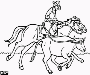 Coloriage Cowboy en montant un cheval et en recueillant une b�te avec le lasso