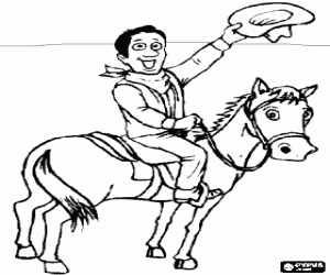 Coloriage Cowboy saluant avec le chapeau tandis qu'il monte un cheval