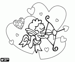 Coloriage Cupidon dans un ciel de coeurs