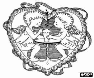 Coloriage Cupids en amour sur un c�ur de Saint-Valentin
