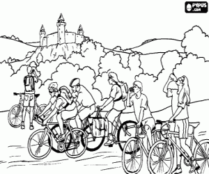 Coloriage Cyclotouristes dans une rupture dans le chemin pr�s du ch�teau