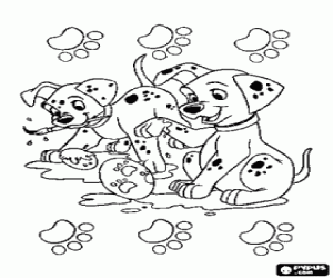 Coloriage Dalmatien chiots jouant avec de la peinture