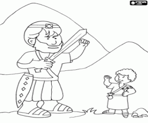 Coloriage David face au g�ant Philistin Goliath avec une fronde seulement